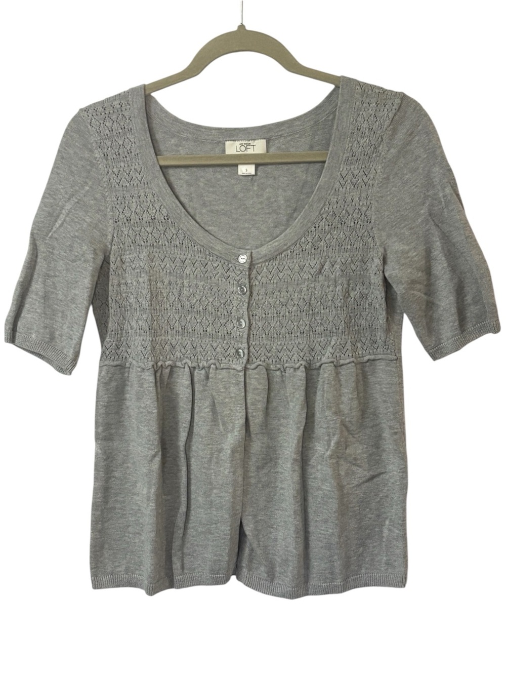 Vtg Loft Pointelle-Yoke Babydoll Top 1/2 Sleeve Sweater Knit Gray Sz S Y2K 00’s